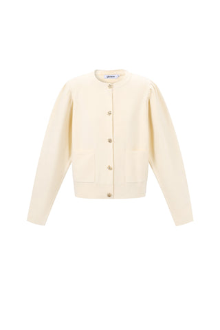 Gebreid vest met pofmouw en "bloem"knopen in beige