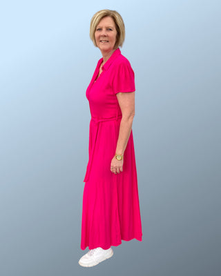 viscose button maxi dress in fuchsia roze