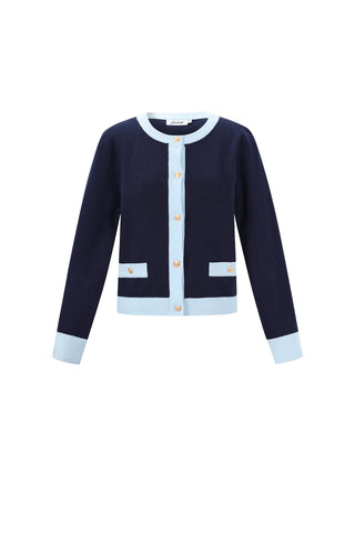 Gebreid vest met gekleurde bies in donkerblauw/lichtblauw