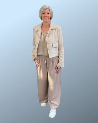 pantalon met wijde pijp en plooien in beige