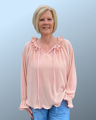 plissé blouse met ruche en strik in peach