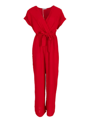 Jumpsuit met overslag en ceintuur in rood