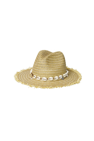 zomerhoed met schelpenrand in beige