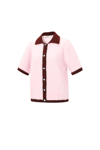 Gebreid vest met korte mouw en gekleurde bies in roze/bordeaux