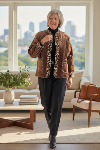 gewatteerde velvet jas met leopard boord in donkerbruin