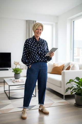 Polkadot blouse met strikkraag in donkerblauw/wit