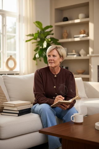 Gebreid vest met pofmouw en "bloem"knopen in bruin