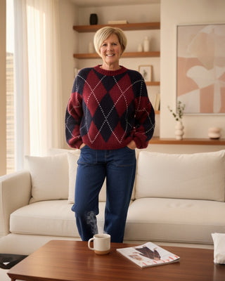 Gebreide trui "wafel" in bordeaux/blauw