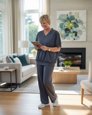 Tweedelige set in travelstof in antraciet