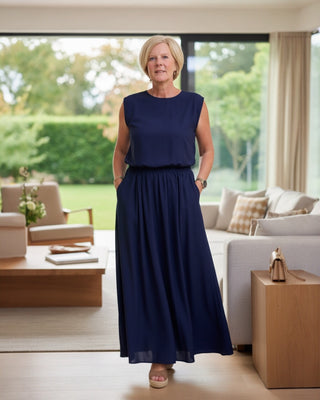 Lange rok met elastische band in donkerblauw