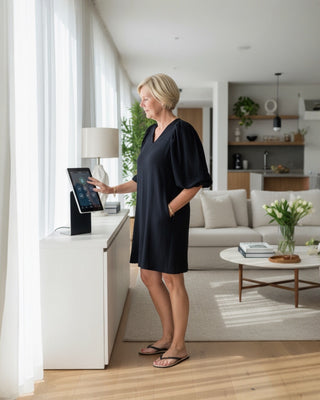 V-hals jurk met pofmouw en ceintuur in zwart