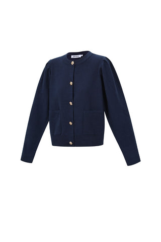 Gebreid vest met pofmouw en "bloem"knopen in donkerblauw