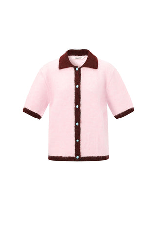 Gebreid vest met korte mouw en gekleurde bies in roze/bordeaux