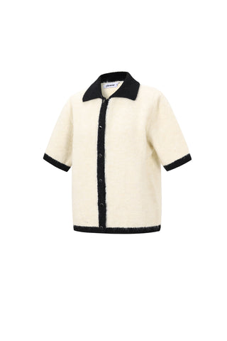 Gebreid vest met korte mouw en gekleurde bies in off-white/zwart